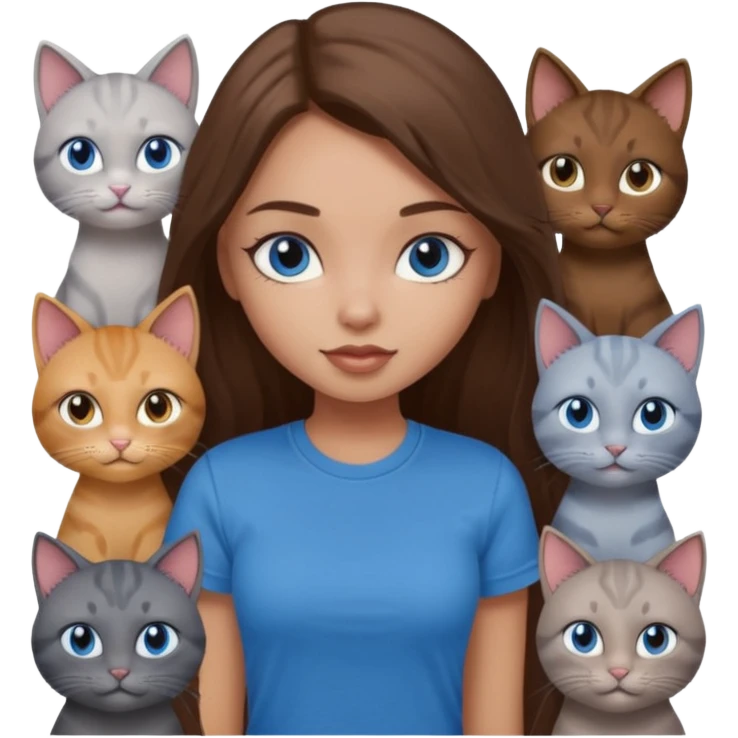 a pretty bratz dusky light skin girl with long brown hair, blue eyes with six cats nd wearing a grey tshirt emoji