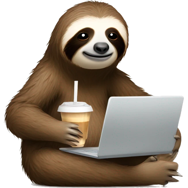 tired sloth with laptop and ice latte emoji