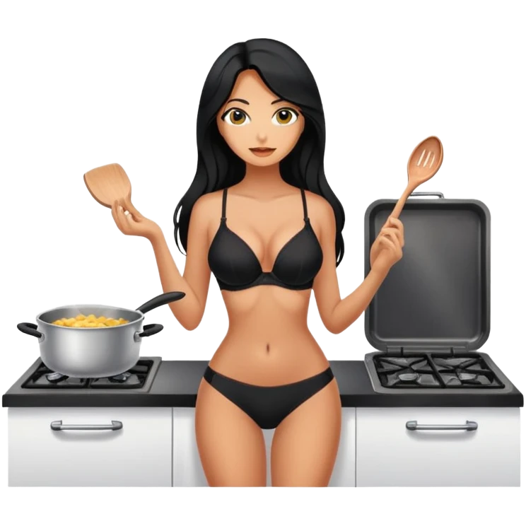 cooking, black long hair tanned woman, black bra and panties emoji