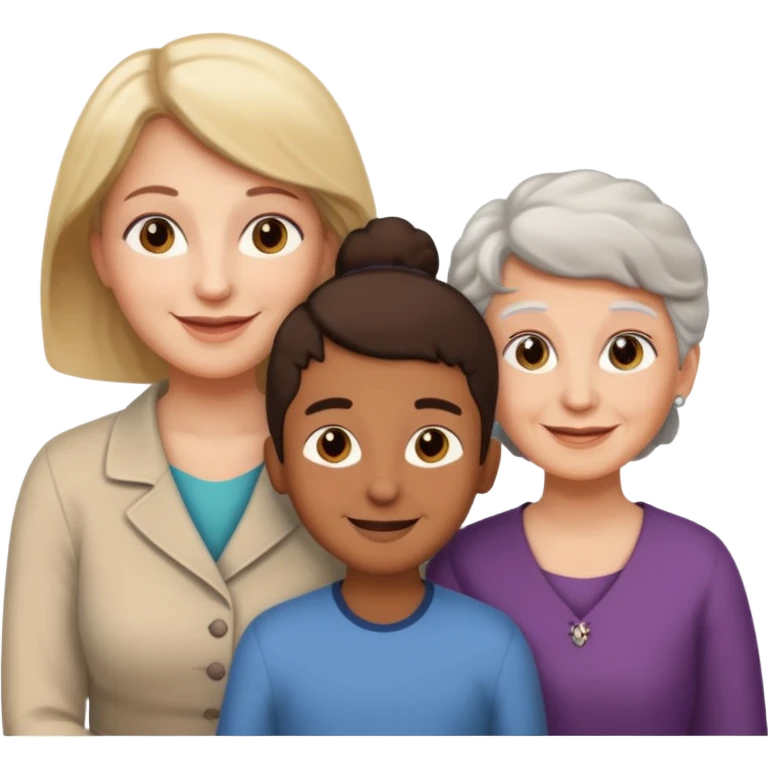 two kids (1 brown boy and 1 white girl) with their mother and grand mother smiling emoji