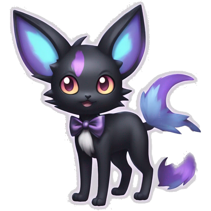 Shiny Cool pastel Edgy Black beautiful ethereal fantasy Kawaii Sona Umbreon-Noibat-Litten-Fakemon-cat-animal with edgy bat-ears bow tie black mane vtuber model Full Body emoji