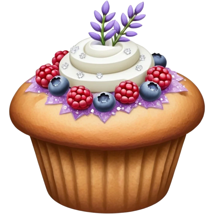 Lavender flower sprigs on a muffin with berries and sugar crystals emoji