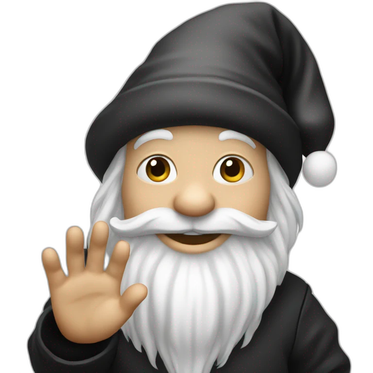 gnome waving hey in black clothing emoji
