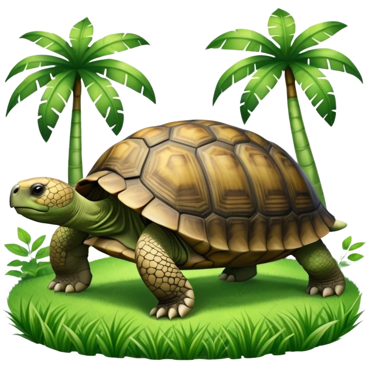 Giant tortoise walking slowly through lush green grass, surrounded by trees and tropical plants. Its large, textured shell gleams in the sunlight, and the peaceful, natural environment adds a sense of tranquility. Transparent background, emphasizing the tortoise’s majestic size. emoji
