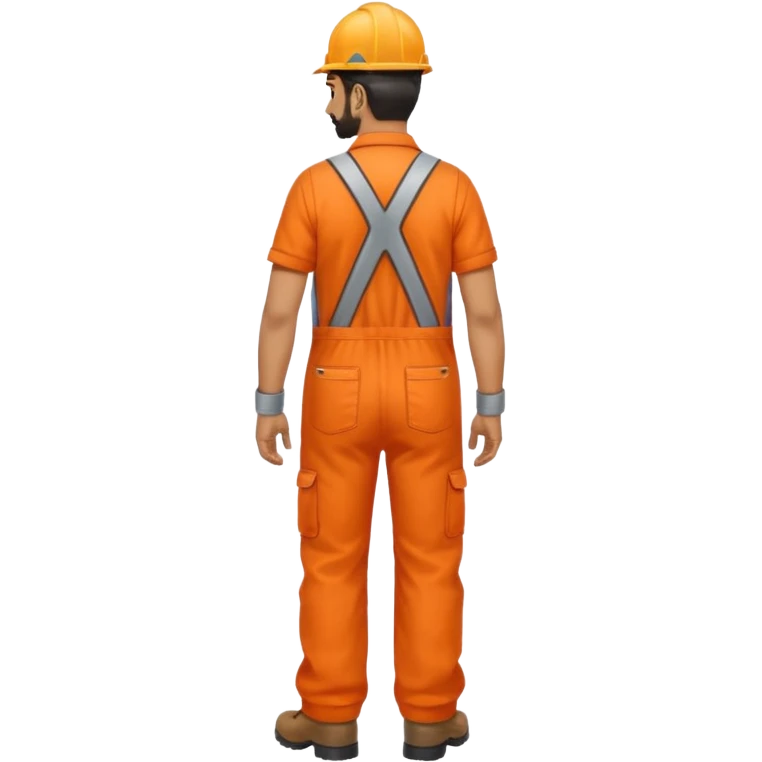 Indian male railway engineer orange overalls, boots walking back view emoji