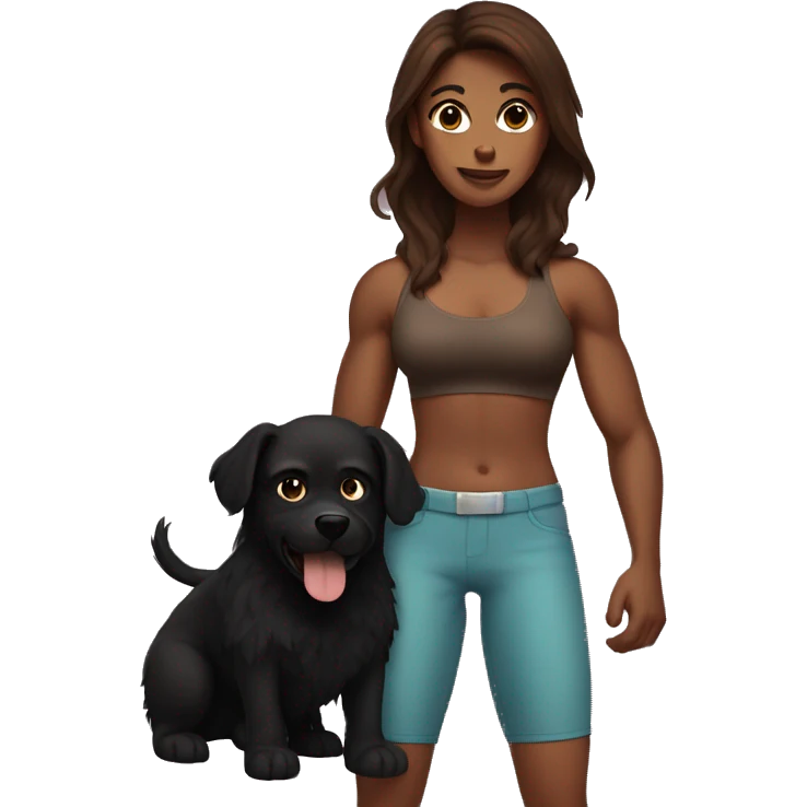 Long brown haired muscular woman holding fluffy black dog emoji