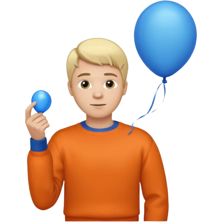 white skin, blonde hair man, orange sweater, hold blue balloon emoji