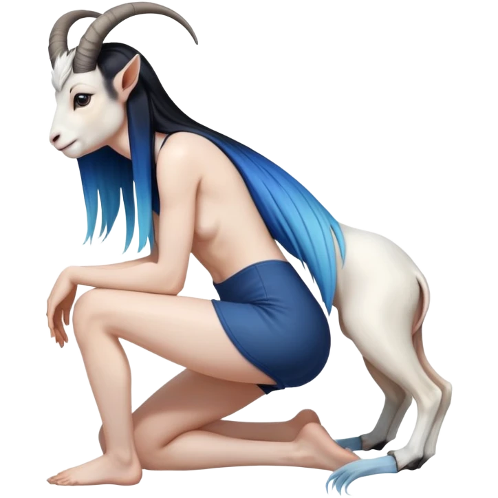 Art of a human white woman's very perfect body scheme anatomy-very long straight black to blue hair ombre-small goat horns-lean back-on knees emoji