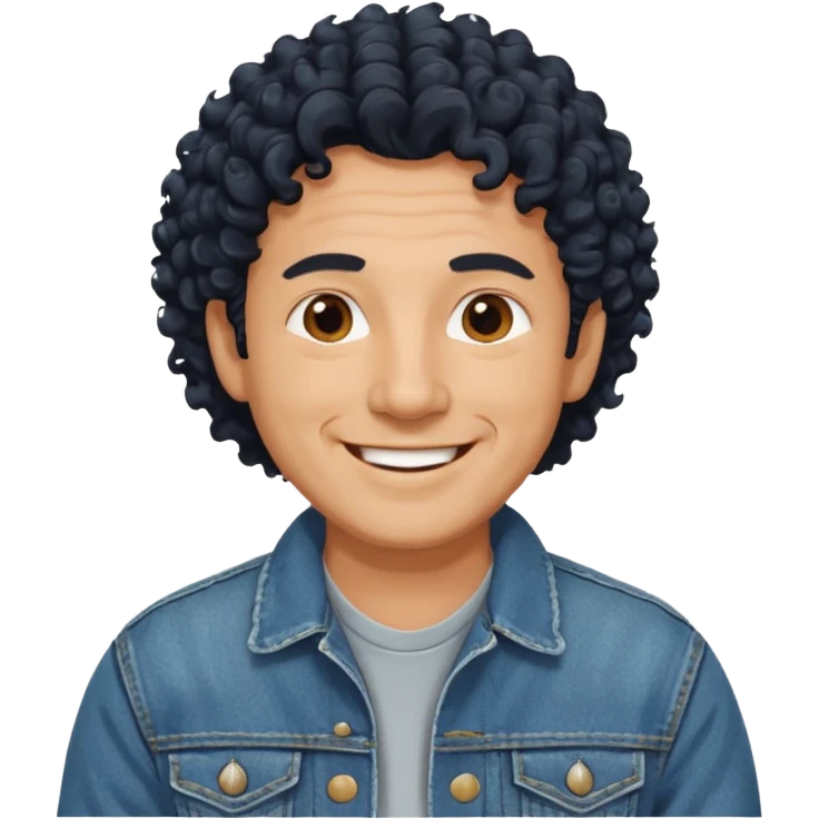 middle aged man, curly black hair, wearing a denim jacket, cheerful look emoji