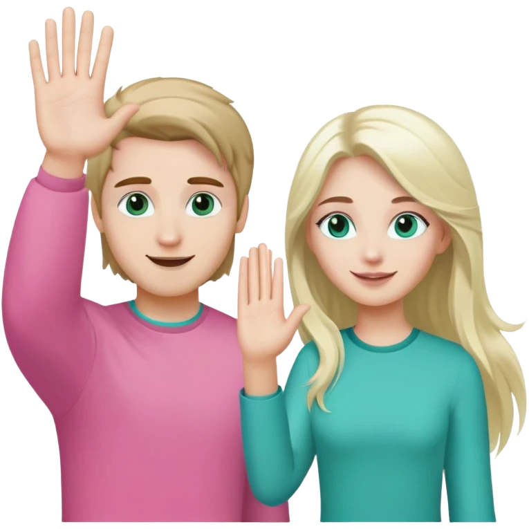 2 friends giving high five. He has white skin, brown hair and turquoise eyes, he is wearing green. She has long blond hair, brown eyes and white skin, she is wearing pink  emoji