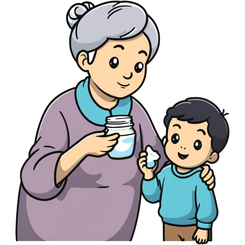Grandmother offering yogurt to grandson emoji
