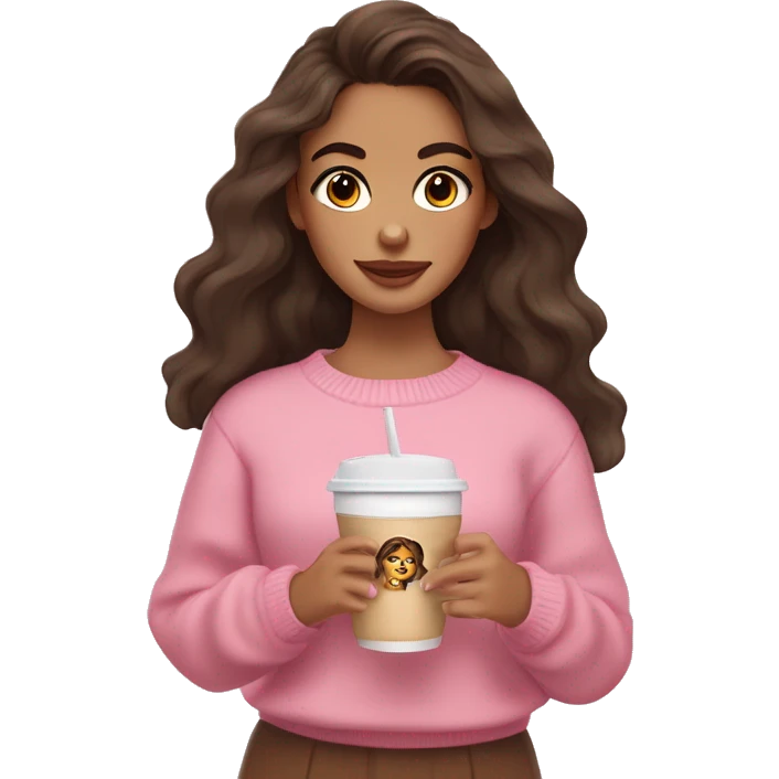 Brunette girl with softs makeup, has a tan skin, wavy long hair, dark brown eyes, wearing pink sweater, has a cup of iced coffee in both hands  emoji