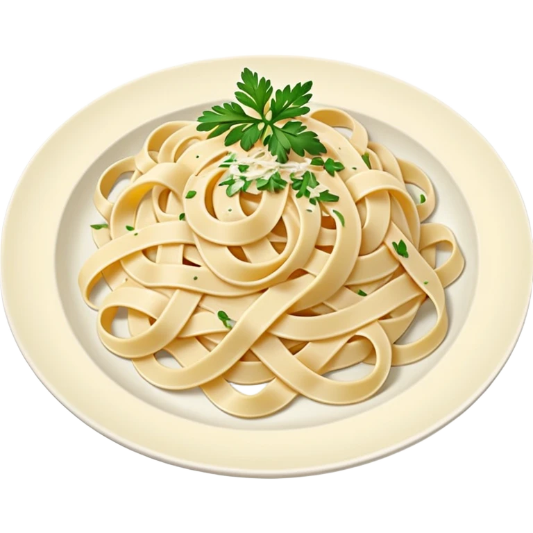 Illustrate creamy fettuccine alfredo pasta on a white plate. emoji