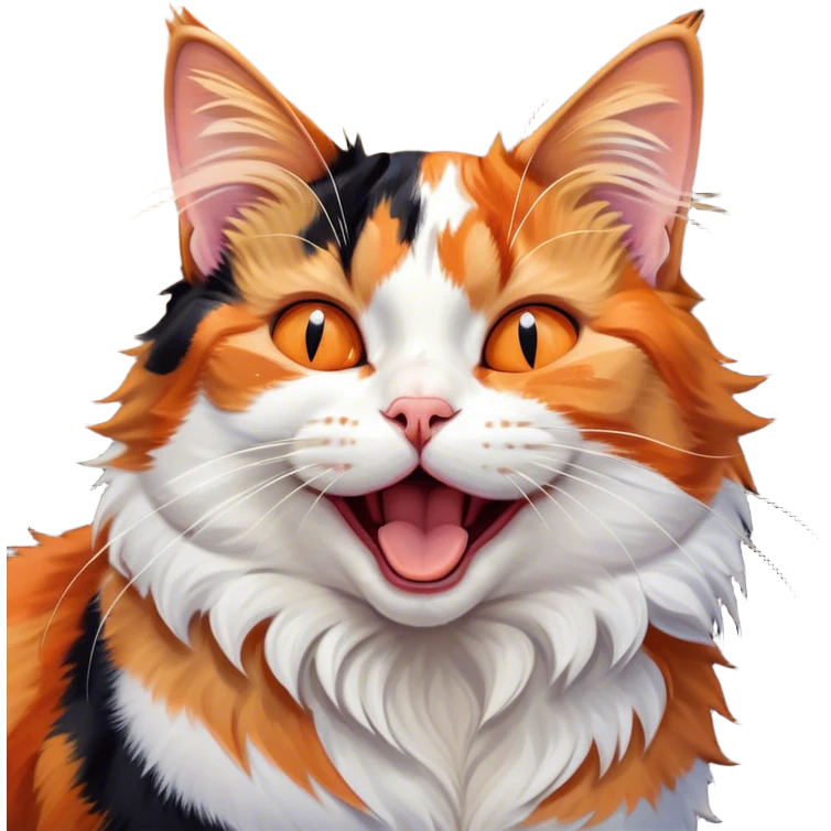Cinematic Cute Yawning Calico Cat Portrait Emoji, Head tilted mid-yawn with a charming, relaxed expression, showcasing a soft patchwork fur of vibrant orange, black, and white, simplified yet irresistibly adorable, highly detailed, glowing with a cozy, gentle radiance, high shine, exuding sleepy yet endearing charm, styled with a soft glowing outline, capturing the essence of a calico cat caught in a delightful yawn that seems ready to cuddle up for a nap! emoji