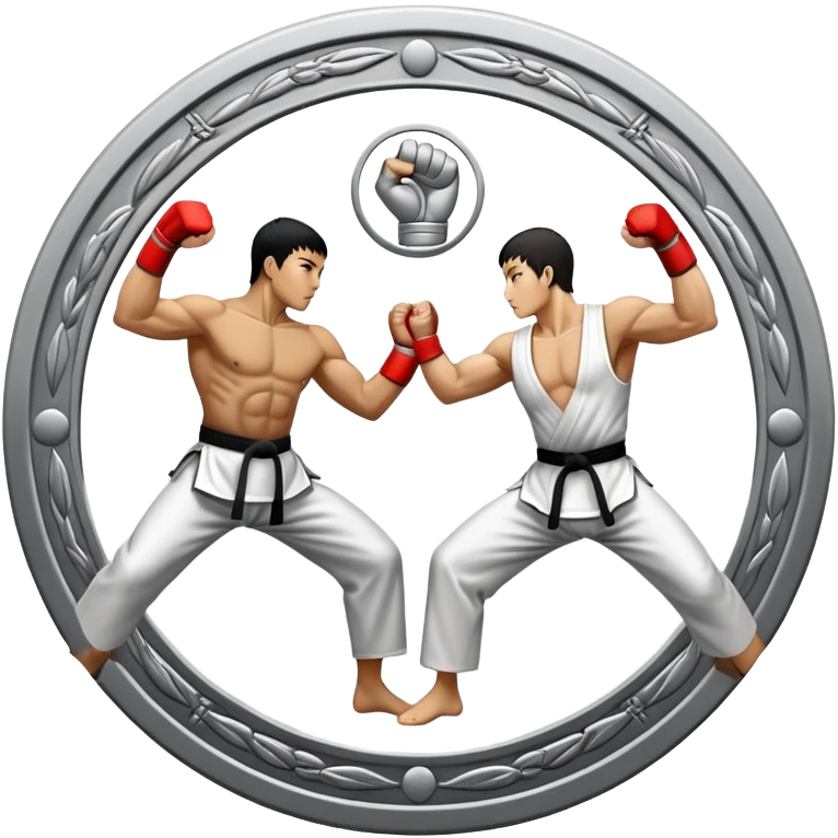 Round emblem symbolizing striking martial arts. The emblem features two fighters in dynamic stances, one delivering a powerful punch while the other defends with a block. In the center, a stylized fist and foot crossed to represent the essence of striking.  emoji