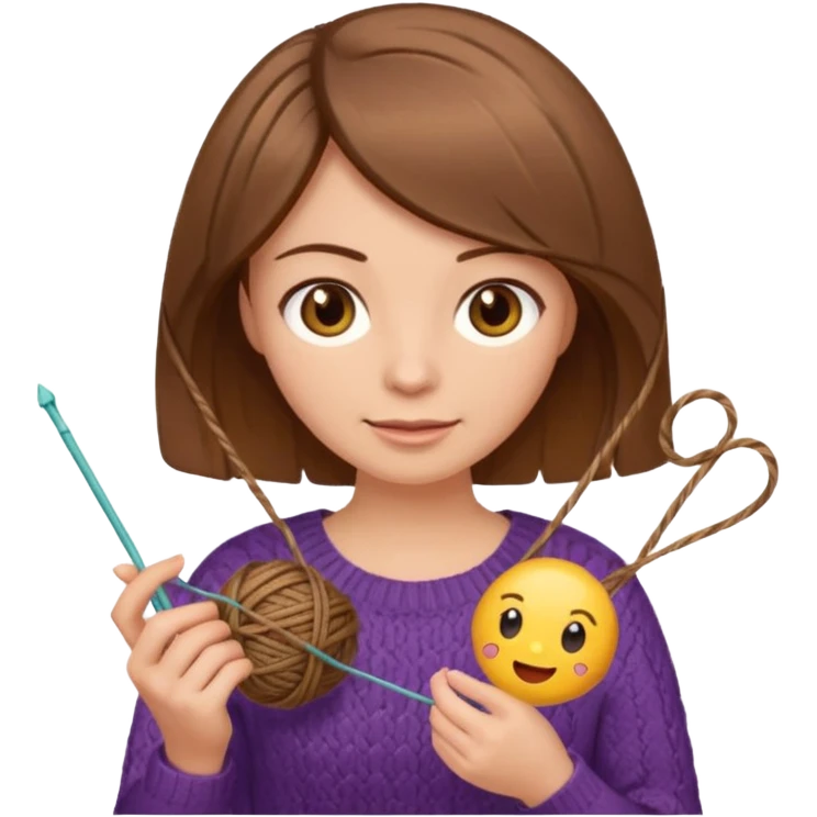  Woman with brown bobbed  hair and highlights light brown eyes no glasses tangked yarn  Knitting emoji emoji