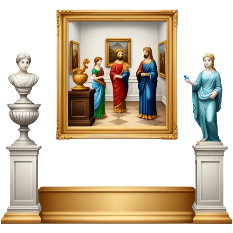 An icon featuring an elegant art gallery with classic paintings hanging on the walls, and sculptures displayed on pedestals. Visitors admire the exhibits, capturing the essence of culture, history, and art. Set against a transparent background. emoji