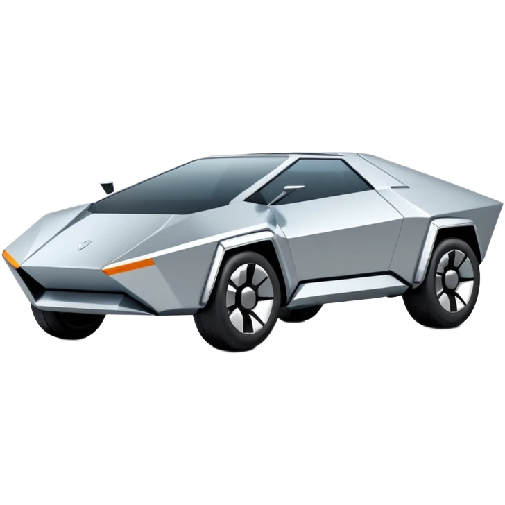 A futuristic chrome car emoji, sharp geometric body design inspired by cybertruck aesthetics, smooth silver metallic surface, matte and glossy chrome mix, minimal details, soft reflections, clean edges, iOS emoji style, centered, clean white background, soft studio lighting, no text emoji