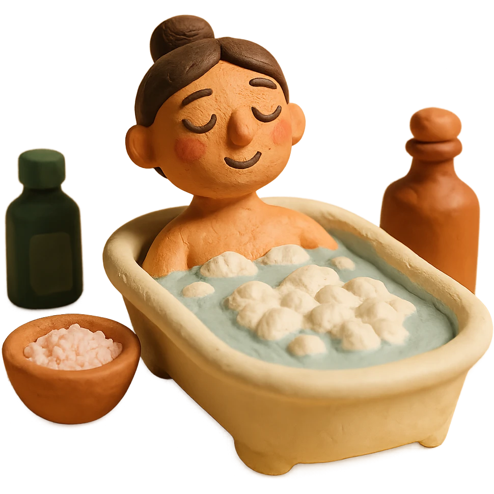 A relaxing self-care image with a person taking a bath, surrounded by bath salts and essential oils, in a soft and warm color palette emoji