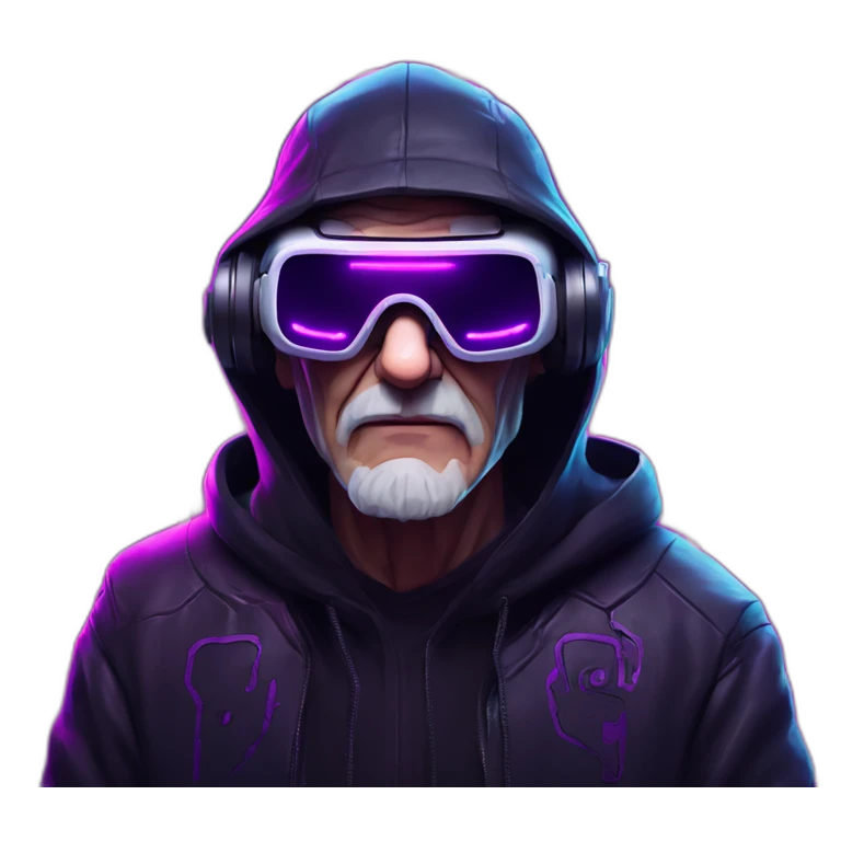 Russian old man wearing a black hoodie with "OMG" letters on it and VR headset in a cyberpunk VR environment with violet neon lighting. emoji