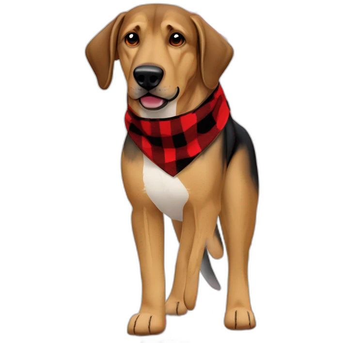 adult 75% Coonhound 25% German Shepherd mix dog wearing small pointed red buffalo plaid bandana full body walking left with leash emoji