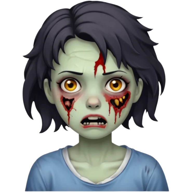 Zombie girl with bruises, she has a dark short wavy hair, she has a tired expression and BLACK eyes, she has dark circles too, her mouth is ripped emoji