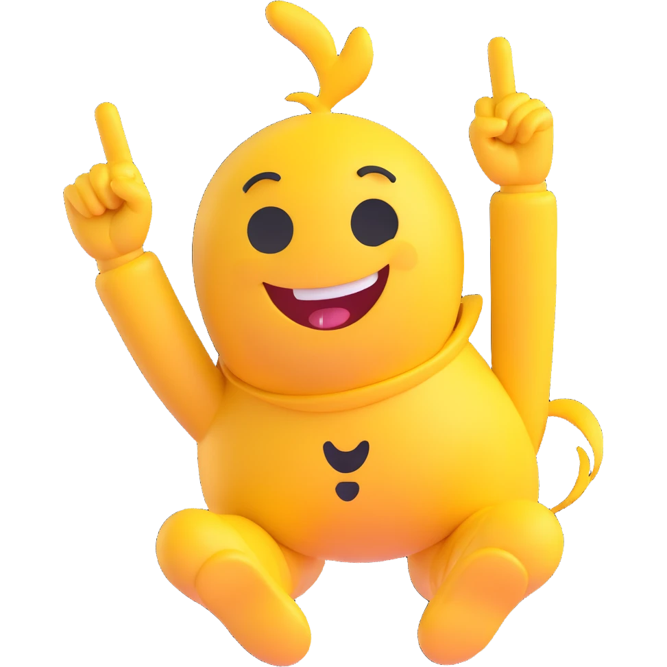 A 2D cartoon-style yellow emoji with a mischievous smile, shaped eyes, and both hands pointing upward with index fingers.  clean digital style, and a fun, dancing expression. Style similar to children’s drawing tutorials, dancing expression. No background, isolated on white.  emoji