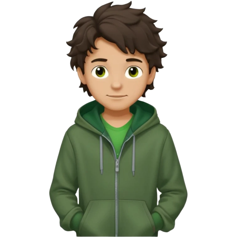 a 14 year old slightly tanned teenage boy with dark brown tousled wavy hair, dark brown eyes wearing a green tshirt, with a dark green hoodie overcoat. smirking. full body emoji