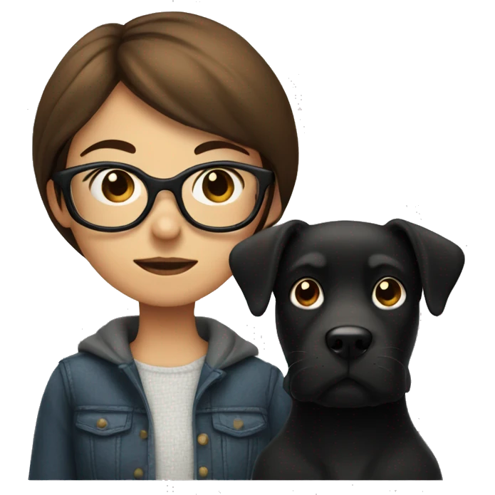 A girl with brown hair and big glasses with a black dog emoji