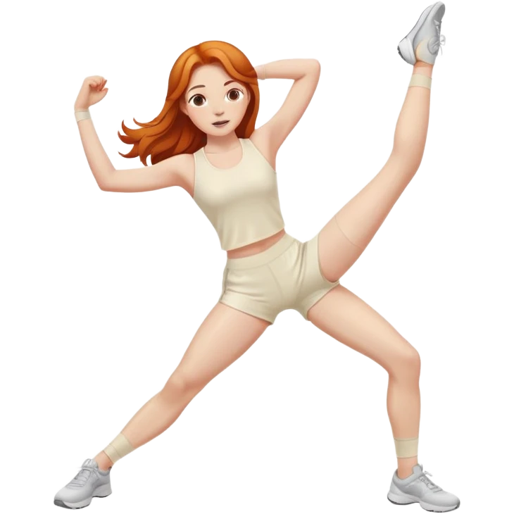 Ginger gym girl legs out middle part hair stretching cream outfit sitting emoji