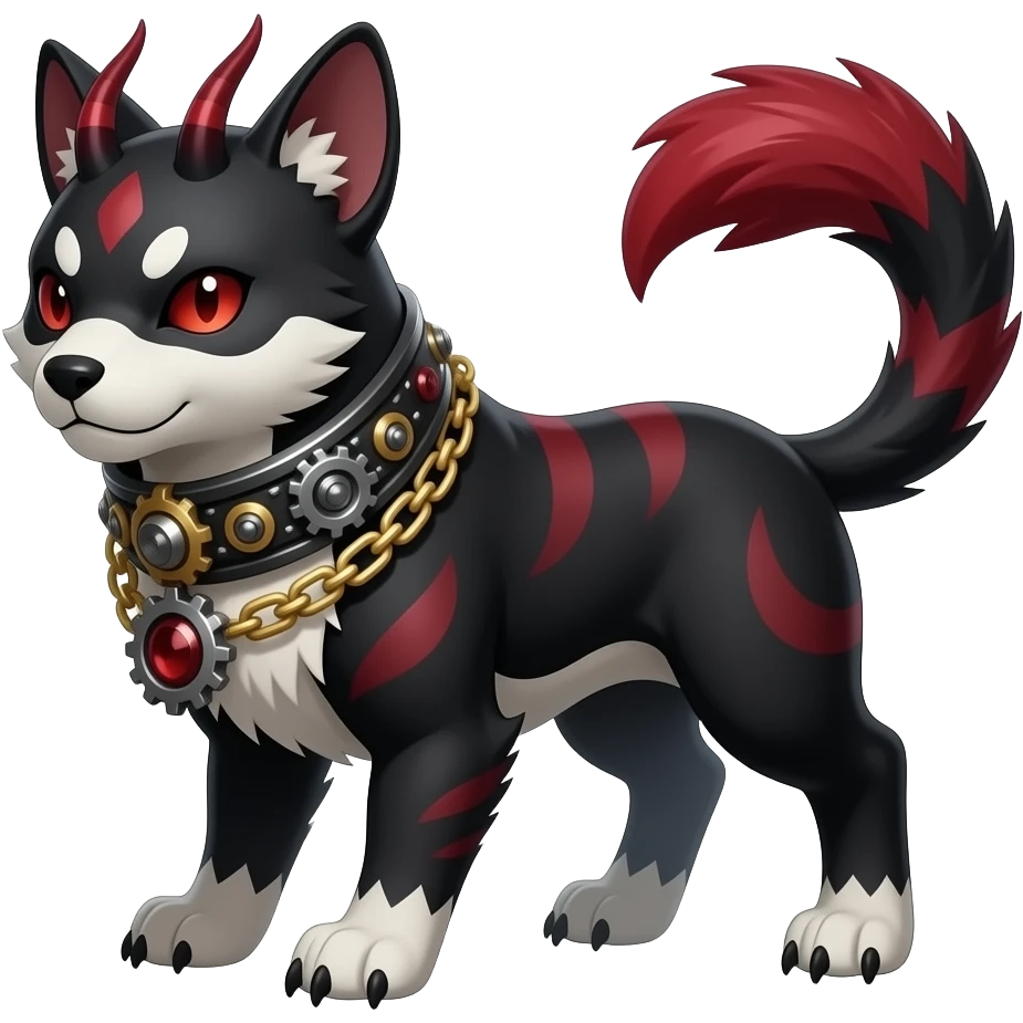 Mature quadrupedal Epic majestic complex  glorious futuristic detailed dark dusky gloomy deep gothic sanguine-blood-maroon-black-white, realistic Fakémon-Sprigatito-Houndoom-Luxray-Persian-Trico-Shinx-Serval-Vernid-creature (full body) with metal gears and metal collar with gold chains emoji