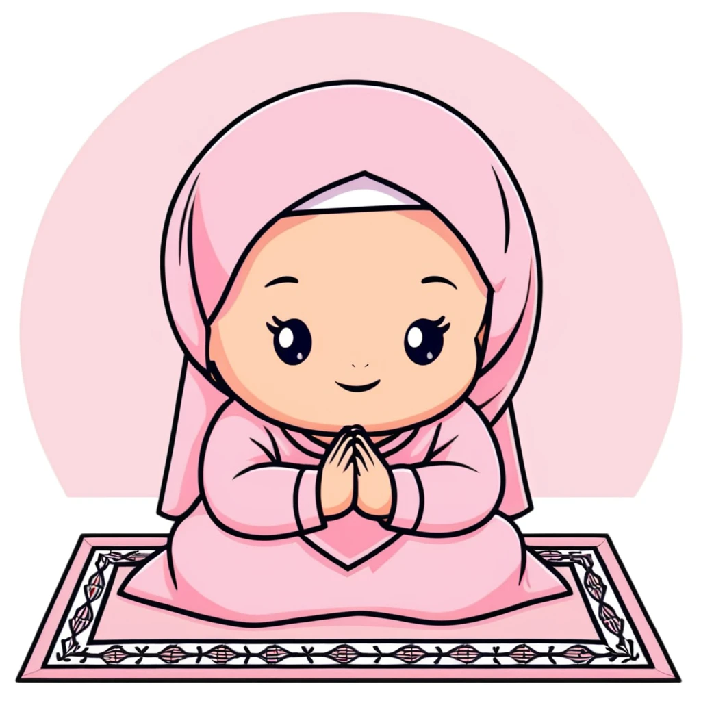 baby Muslim girl wearing pink dress on a light pink prayer rug emoji