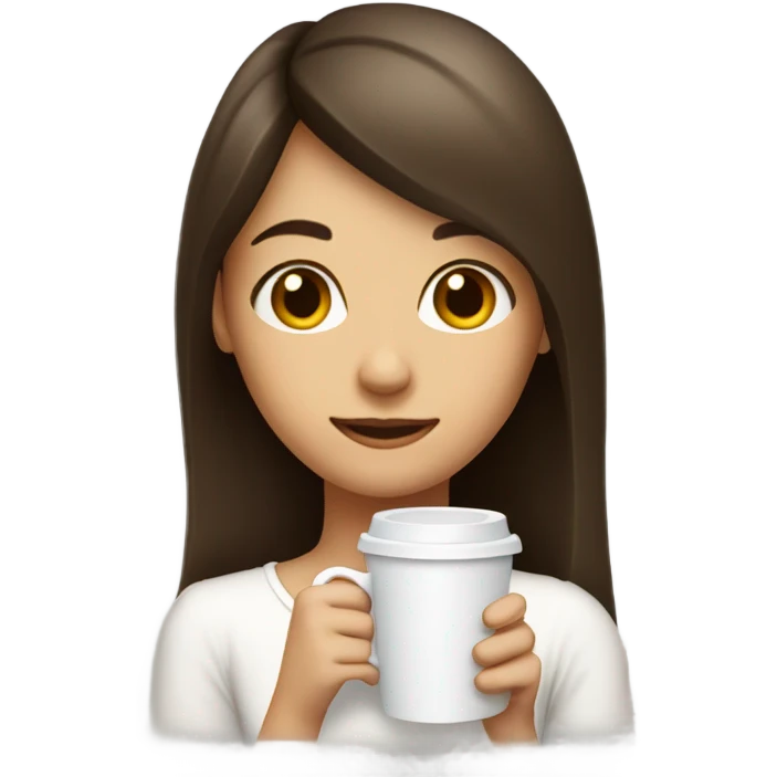 girl with brunette hair long and cute bang wearing a white top and drinking coffee  emoji