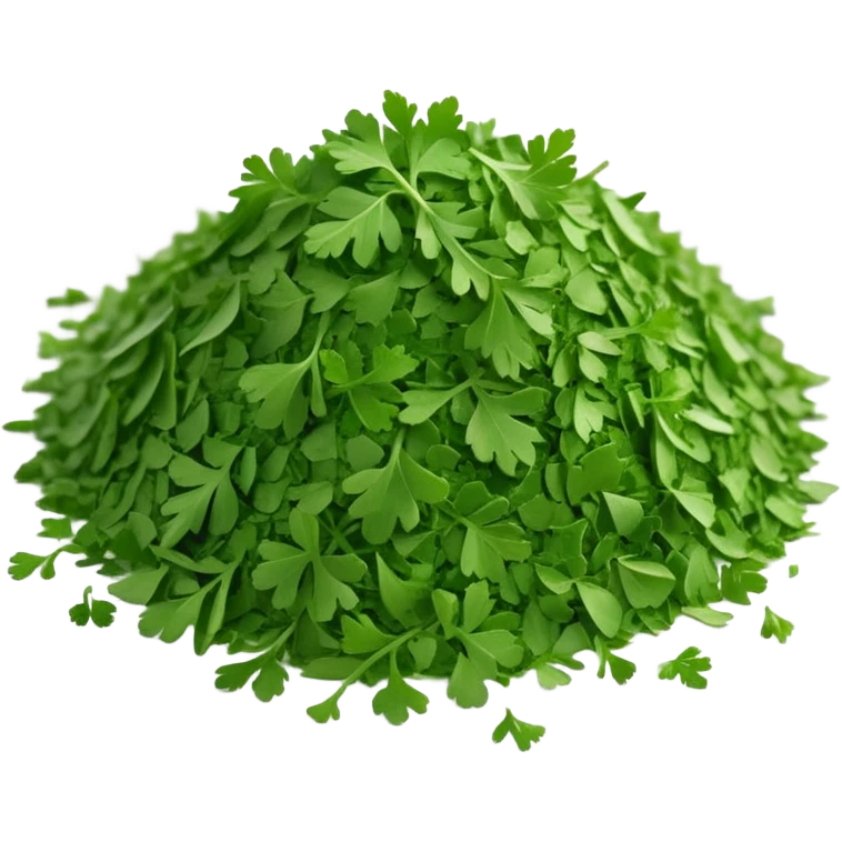 loose scatter of finely crumbled green herb flakes with jagged, flat shapes and a dry, matte texture, color ranges from bright to muted green, evoking dried curly or flat-leaf parsley, soft lighting, subtle shadows, emoji scale emoji