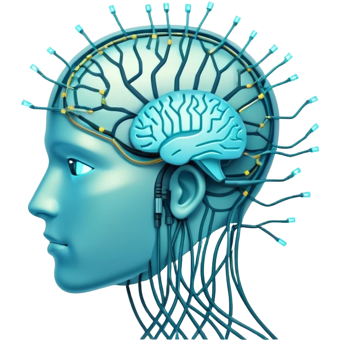 An icon featuring a human head silhouette with circuit patterns, a glowing brain, and neural network nodes, symbolizing artificial intelligence. The design includes data flow lines and robotic elements, representing machine learning and advanced computation. Transparent background emoji