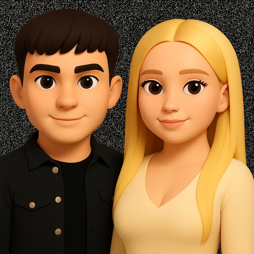 Slightly increase the volume of the upper body of the girl, slightly turn her to face forward, and make the skin color uniform. Maintain the cartoonish 3D style as in the reference image. emoji
