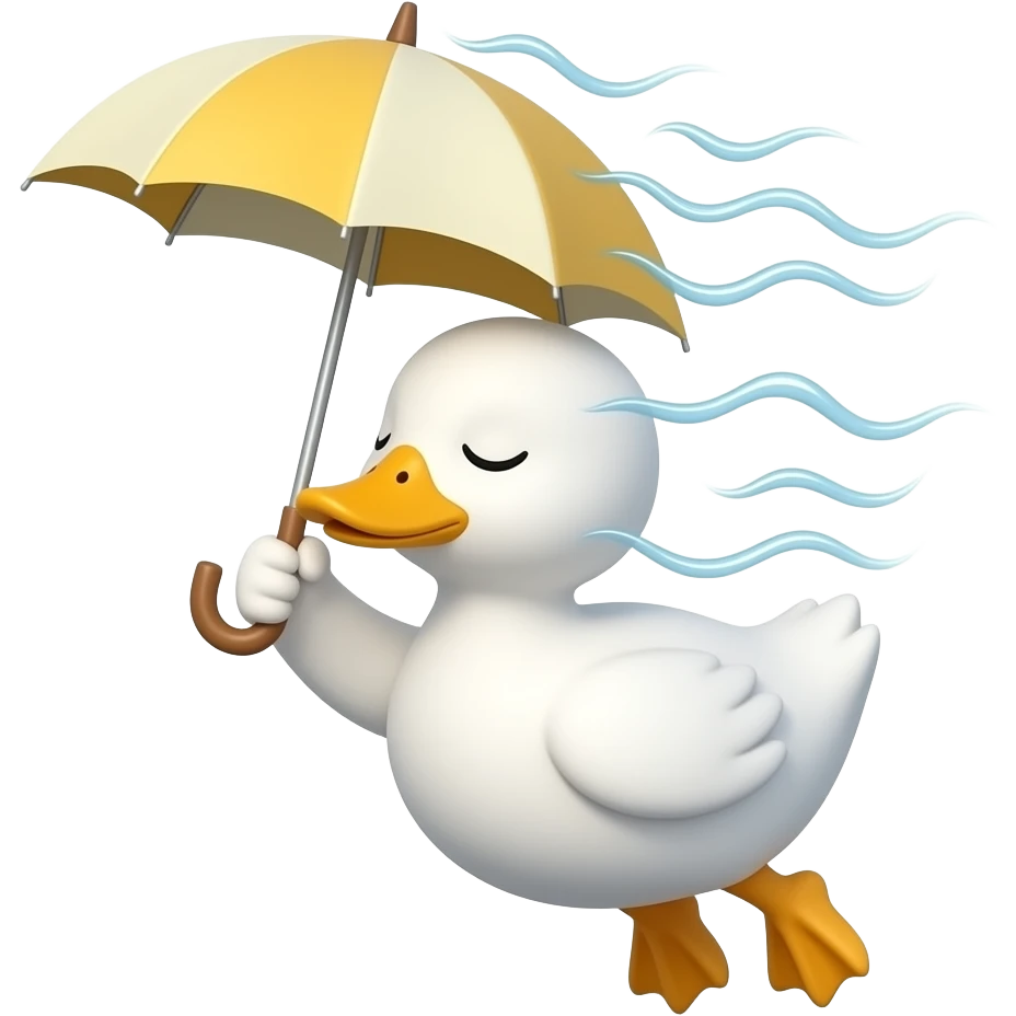 a white cute duck balanced by a parasol in the air blown by a gust of wind. eyes and mouth closed, minimalist emoji
