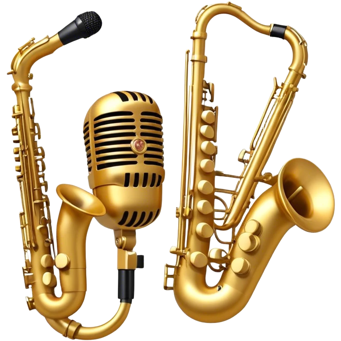 Create an artistic and dynamic emoji representing jazz vocal performance, featuring a vintage microphone as the central focus. Surround the microphone with traditional jazz instruments, such as a saxophone, trumpet, and upright bass, arranged in a harmonious, flowing design. Add musical notes and sound waves emanating from the microphone to symbolize the improvisational and expressive nature of jazz vocals. The instruments should have a polished, classic appearance with metallic gold and silver accents. Use rich colors like deep black, gold, and burgundy to evoke the sophisticated and soulful atmosphere of a jazz club. The background should be transparent. emoji