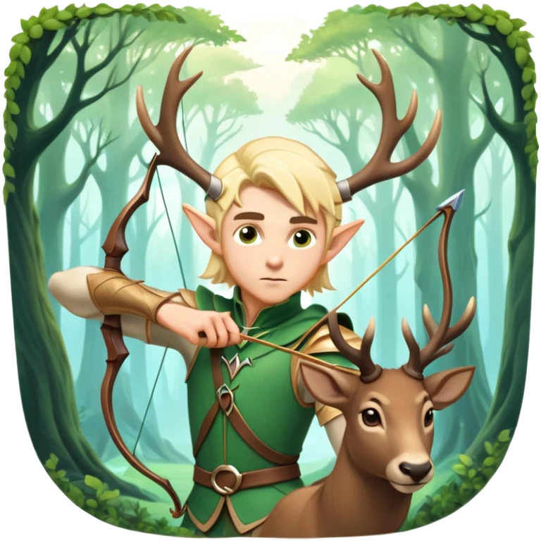 clash-of-clans-aesthetic-blond-male elf-archer-portrait-emoji, rendered in a flat, vector-style with minimal shading and bold holding his bow, simplified shapes, head tilted slightly forward with a determined, focused expression, riding a majestic stag whose antlers glow with mystical energy, set against an ancient, enchanted forest backdrop. emoji