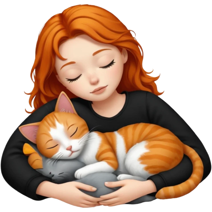 short hair Ginger Girl sleeping with a black and white bigger cat  emoji