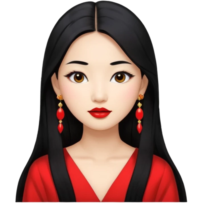 30 yr old asian woman, middle parted straight long black hair, very pretty, fancy dress, earings, red lipstick emoji