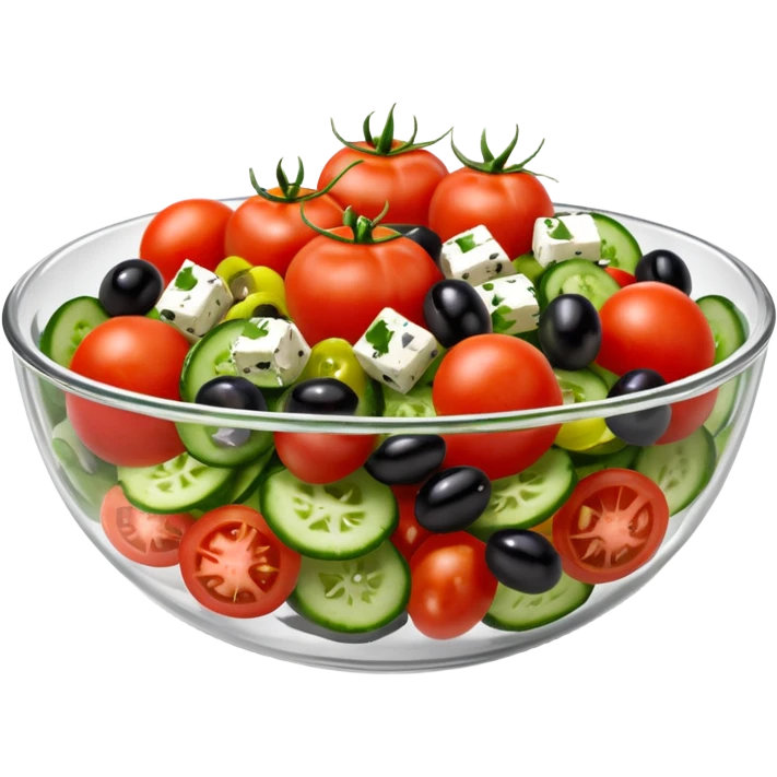 mediterranean salad bowl object icon, served in a transparent glass bowl, tomatoes, cucumbers, olives, feta cheese, olive oil dressing, glossy fresh look, 3D cartoon, mobile game icon style, centered, clean background, soft shadow, no text, no watermark emoji