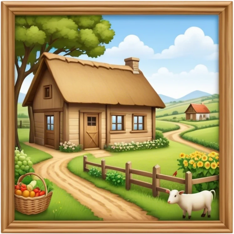 Icon for Rural Tourism: a peaceful countryside scene with a wooden cottage, a dirt path, grazing animals, and a basket of fresh produce. The icon should represent the tranquility and charm of rural life. Transparent background. emoji