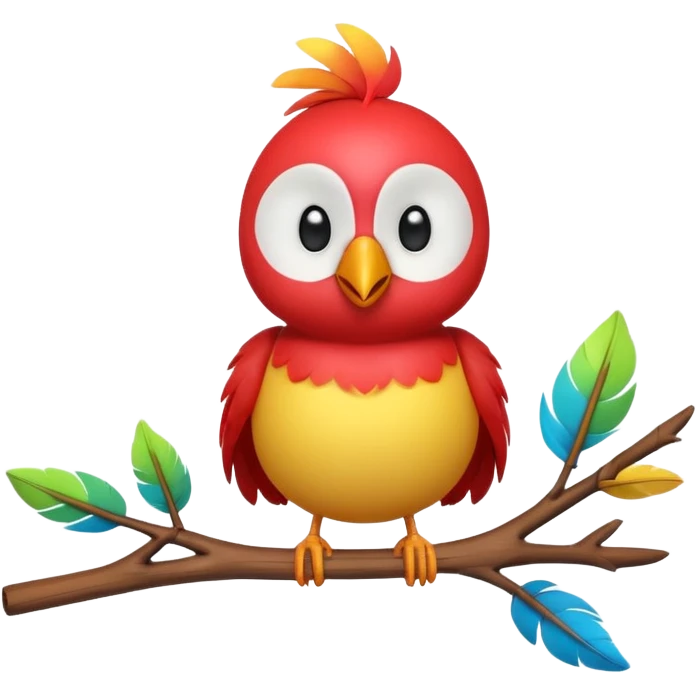 A colorful 3D cartoon bird perched on a small branch, bright feathers, round eyes, and cheerful smile, soft lighting, Memoji-style rendering. emoji