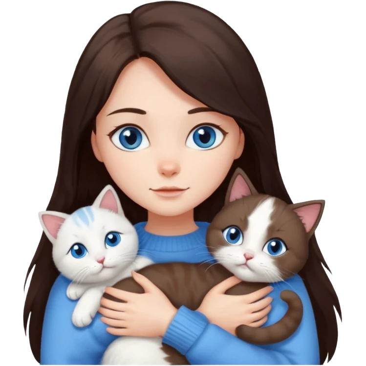 a girl with long dark 
brown hair, with blue eyes, in a
white sweater, hugs 3 different natural coloured cats emoji