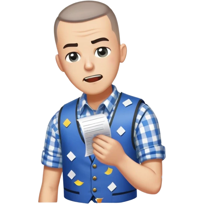 Gender: Male Hair: Salt-and-pepper buzzcut with cowlick Face: Twitching left eye, gritted teeth Clothes: Checkered blue vest over rolled-up sleeves Action: Kicking jammed printer spewing paper confetti emoji