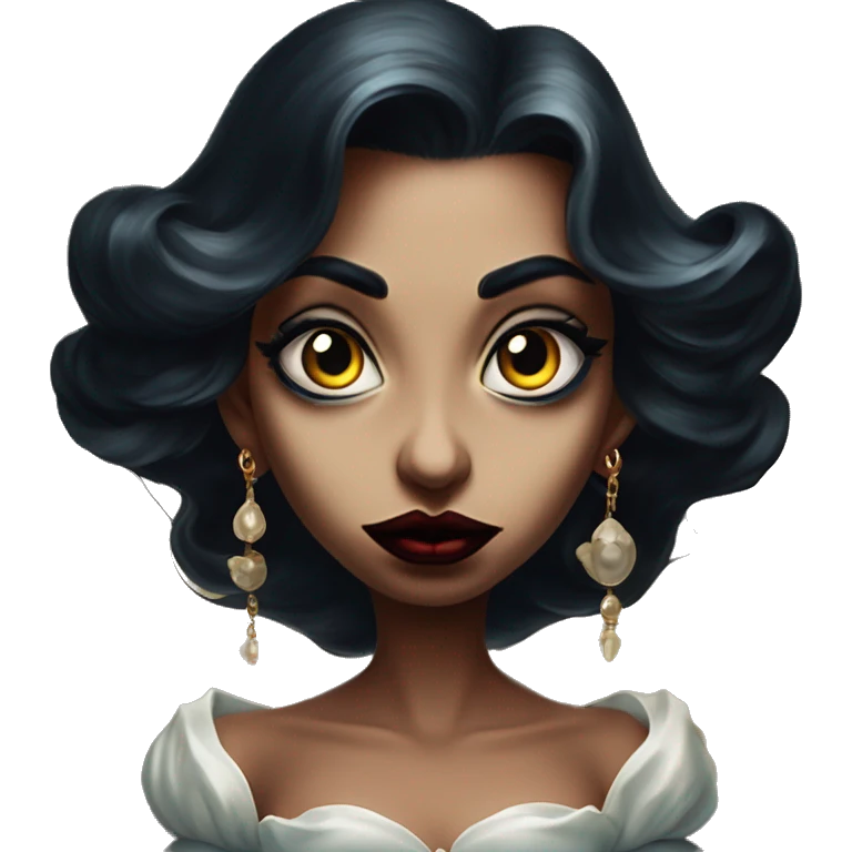 Jasmine vampire lunatic in Uncle Scrooge style, oil paint, mysterious eyes, intricate lips, masterpiece pose, odd perspective, beautiful, desirable, logical emoji