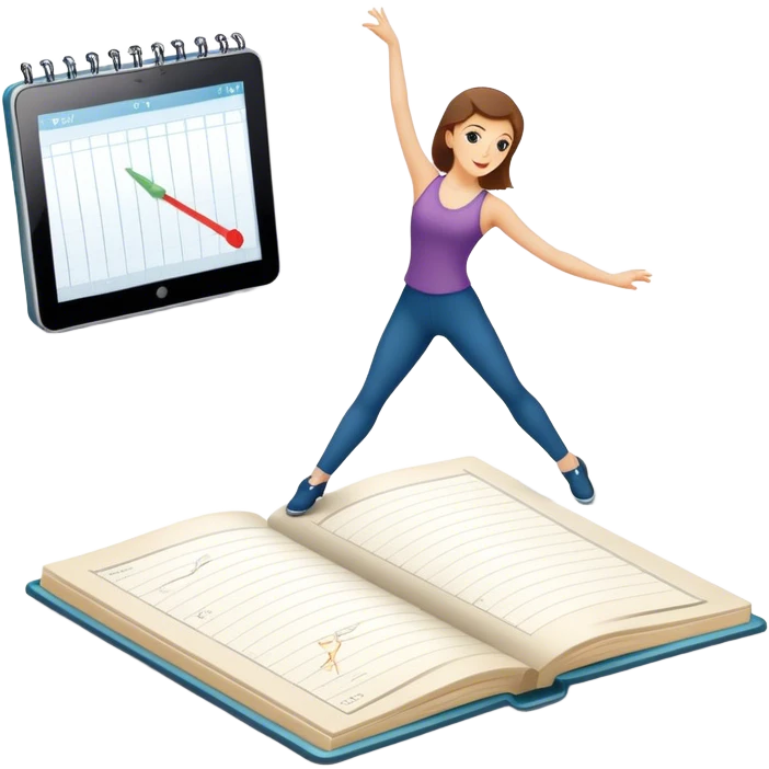 Icon for Choreography: a dance studio floor with a choreographer demonstrating movements, a dance notebook, and a metronome. The icon should capture the creative and structured process of choreographing dances. Transparent background. emoji