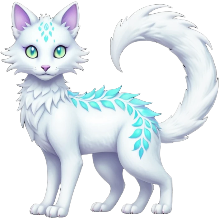 Kawaii white iridescent beautiful pretty elegant divine edgy fantasy feline-vernid-fionbri-sergal-fursona animal creature with a tufted tail full body with intricate markings  emoji
