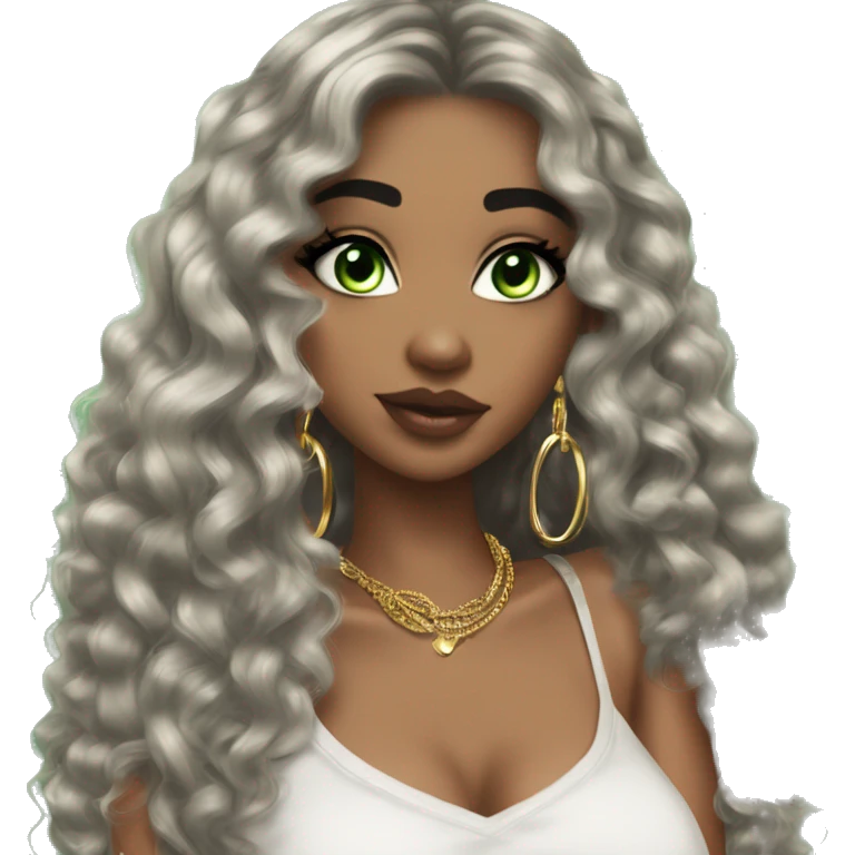 Glamorous, streetwear, black hair, long curled hair, olive skin, green almond eyes, winged eyeliner with big lashes, wearing hooped earrings, rings and bracelets, almond fake nails emoji